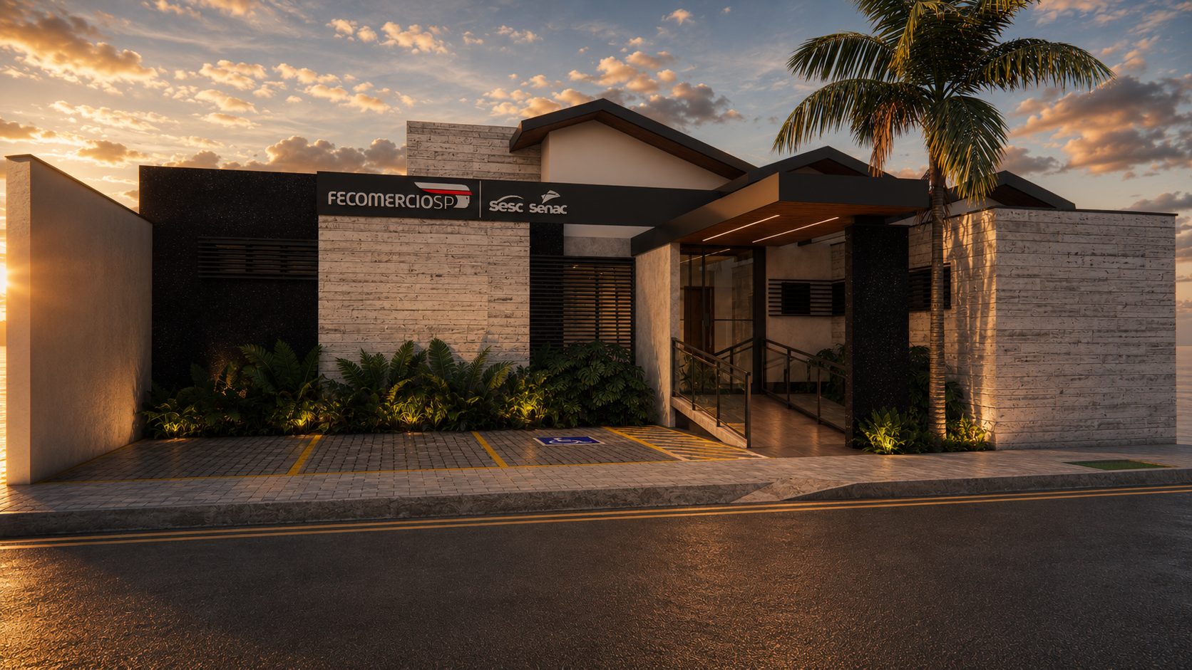 Entrada de edifício institucional ao entardecer