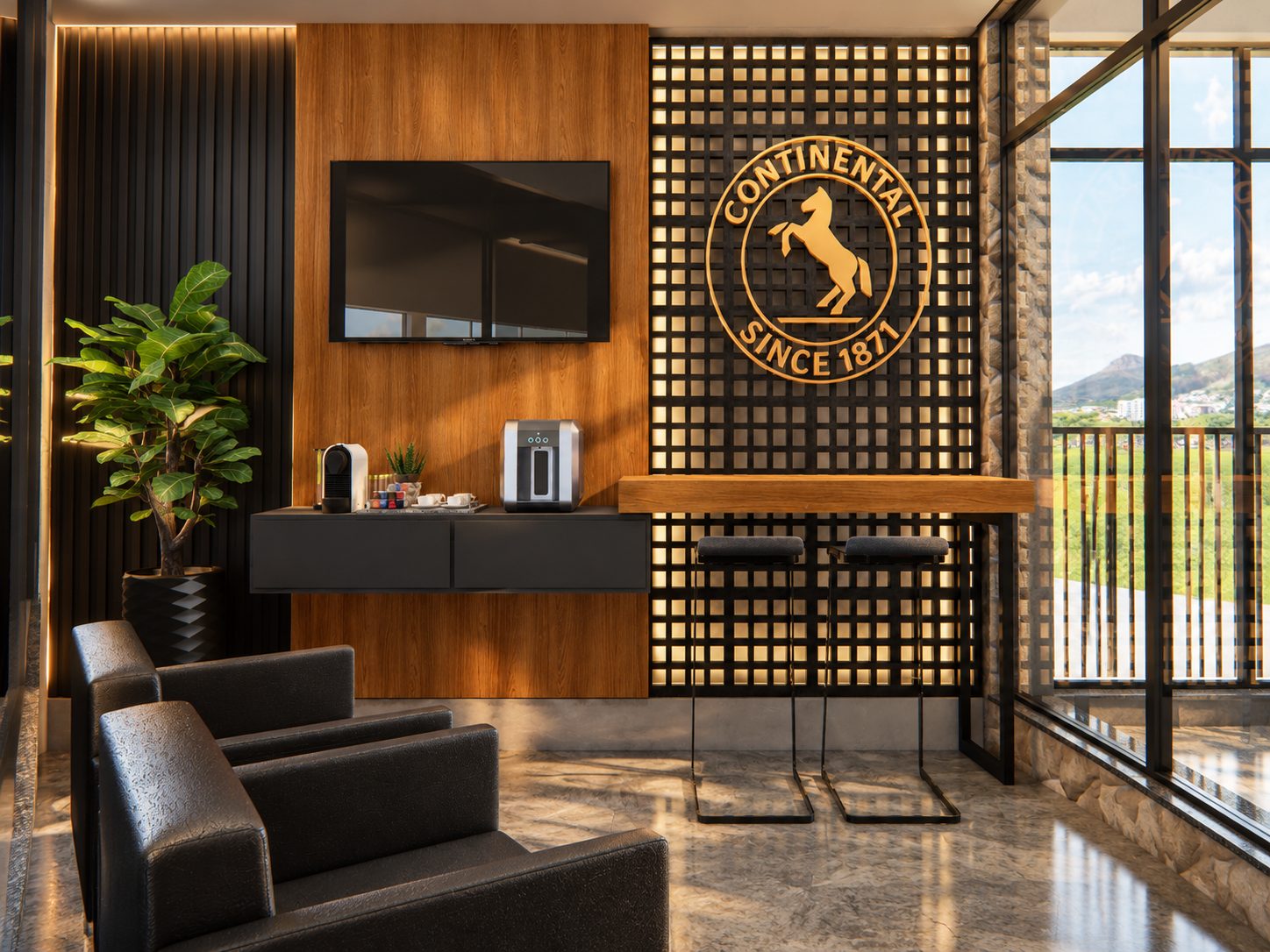 Sala de espera com café e painel em madeira