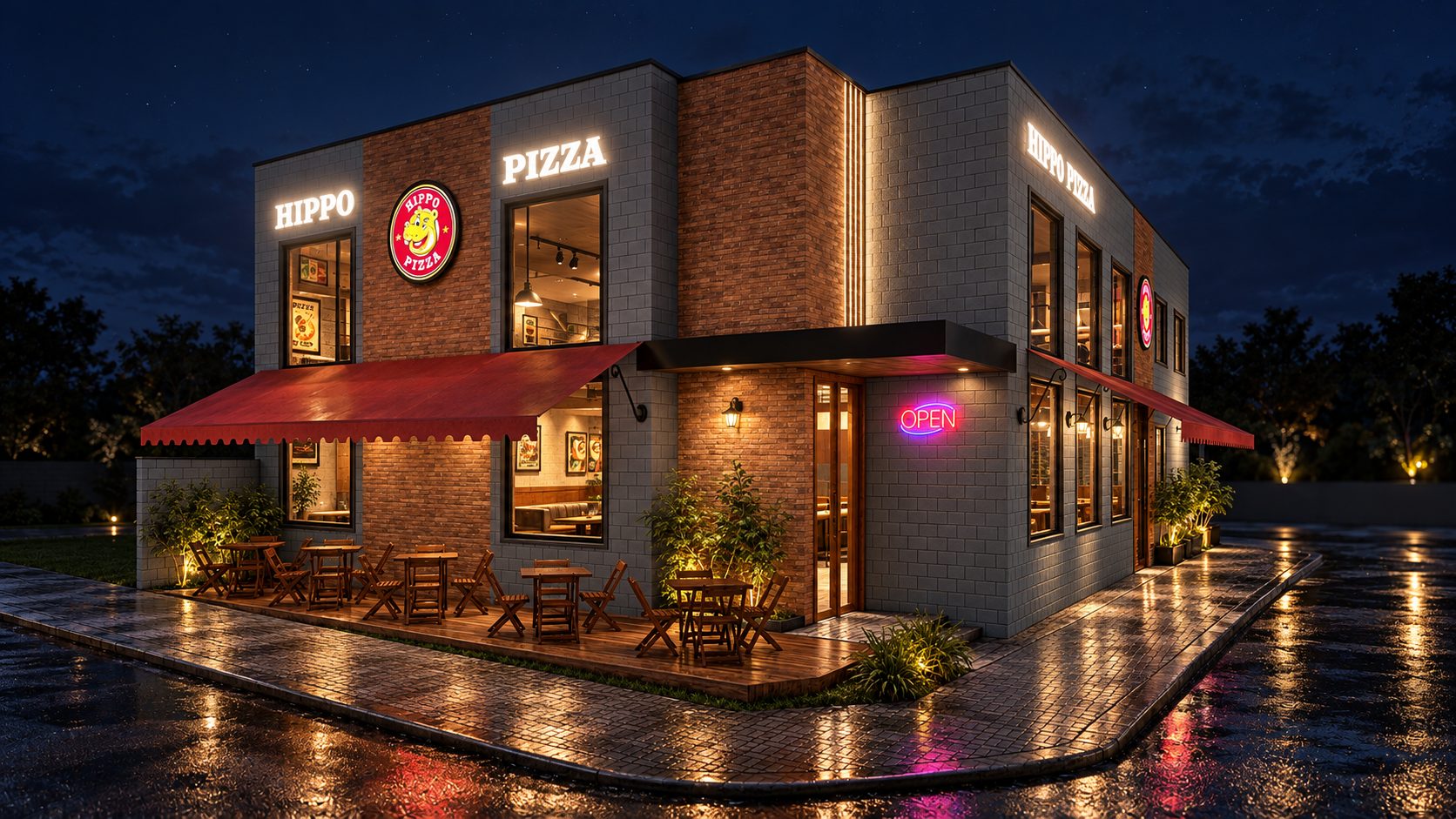 Fachada noturna de pizzaria com tijolos aparentes e varanda