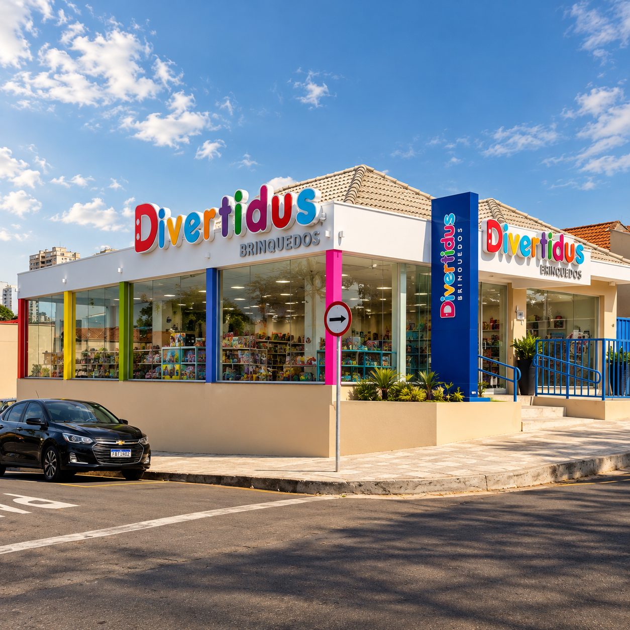 Loja de brinquedos em esquina com fachada colorida