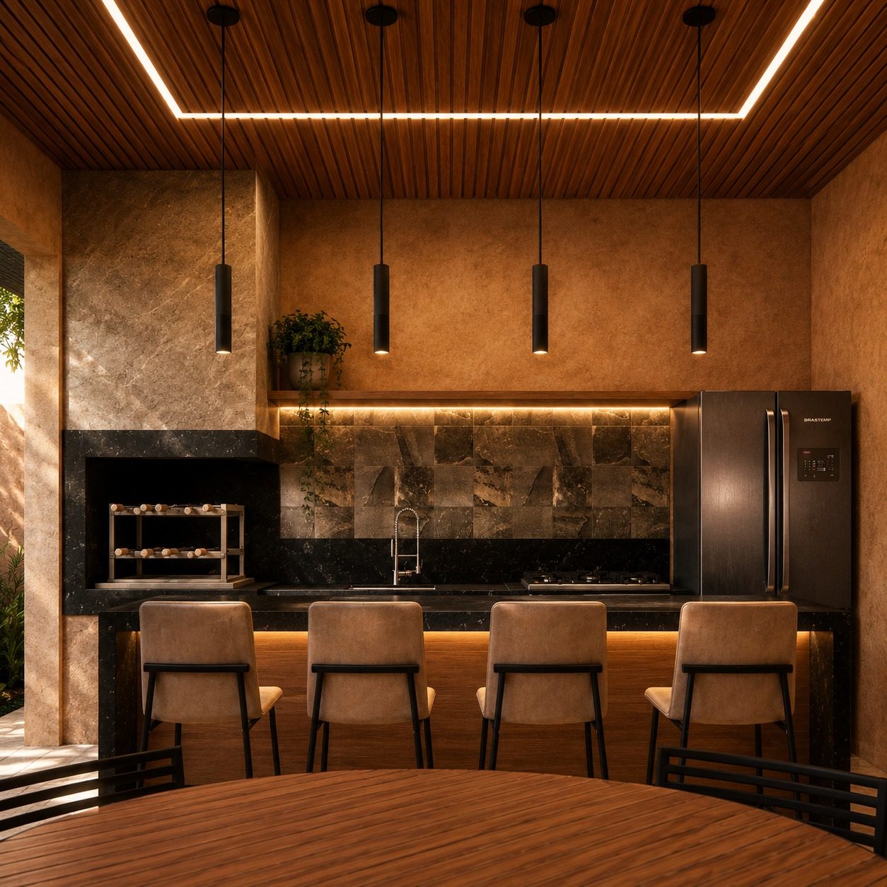 Espaço gourmet com bancada e iluminação pendente